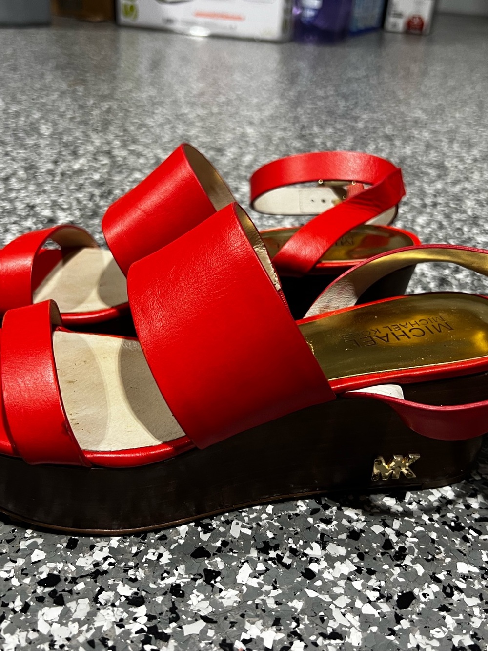 MICHAEL Michael Kors Red Leather Platform Sandals with Wood-Look Sole - Picture 4 of 6